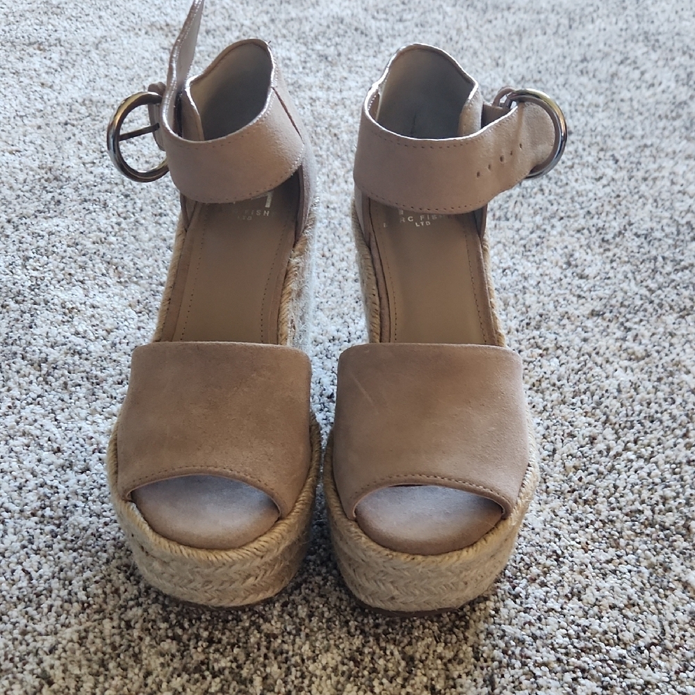 Marc Fisher Beige Suede Espadrille Platform Sandals with Ankle Strap
